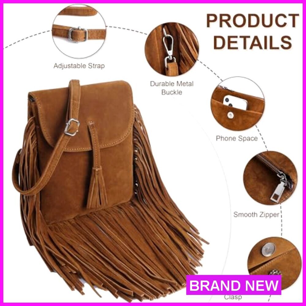 Trendy Vegan Suede Crossbody Bag with Fringe Tassels and Card Slots - Picture 5 of 7